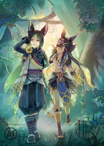 Tighnari and Cyno from Genshin Impact in Sumeru woods.